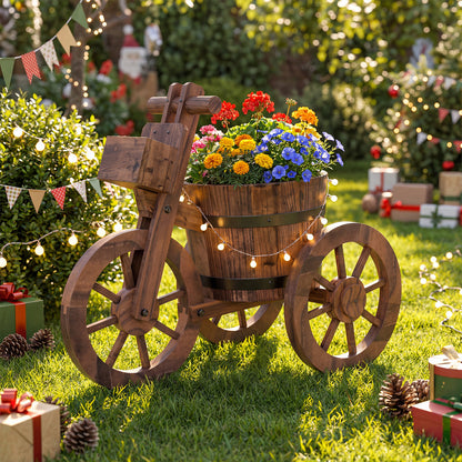 Barrel Tricycle Planter with Wheels and Drainage Hole for Flowers Herbs-Coffee