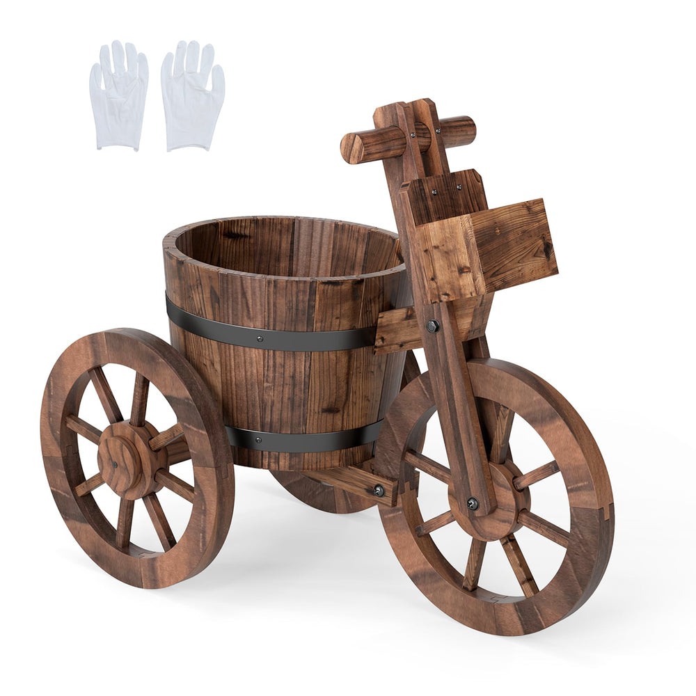 Barrel Tricycle Planter with Wheels and Drainage Hole for Flowers Herbs-Coffee