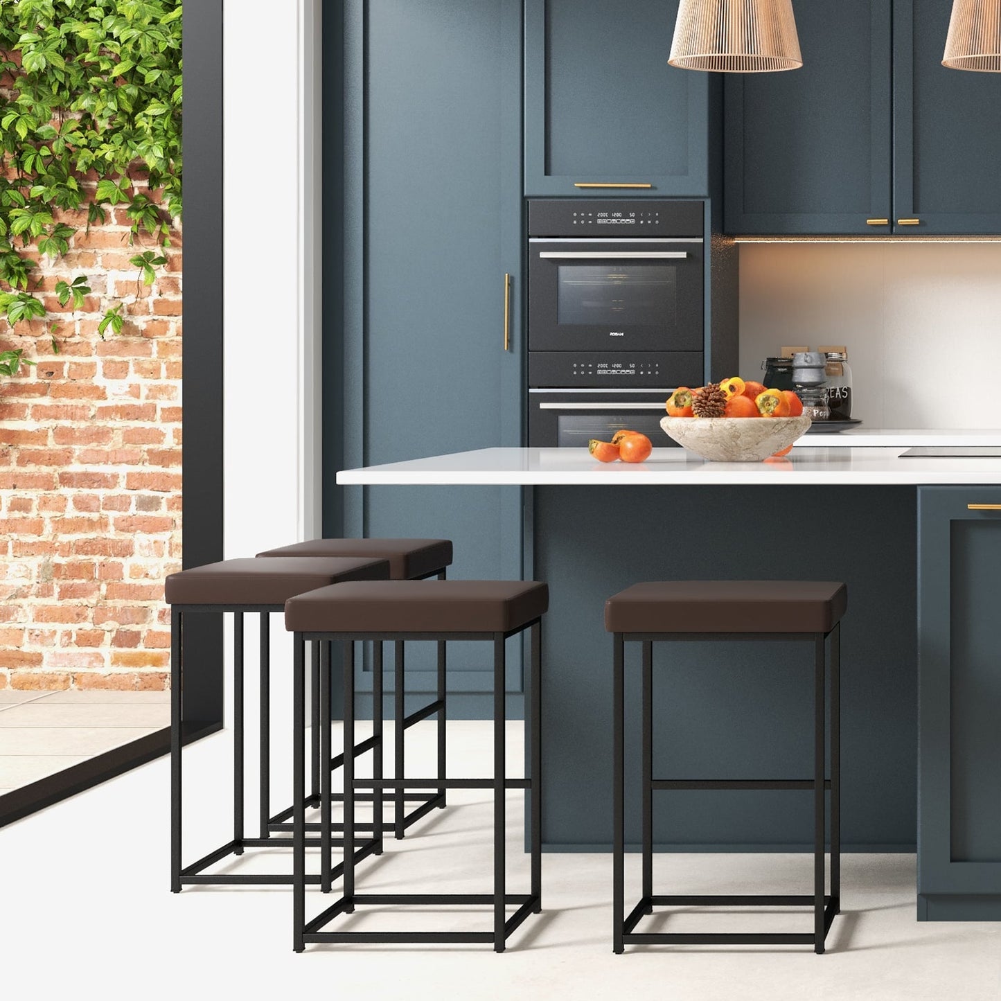 76 cm Barstools Set of 4 with PU Leather Cover and Footrest