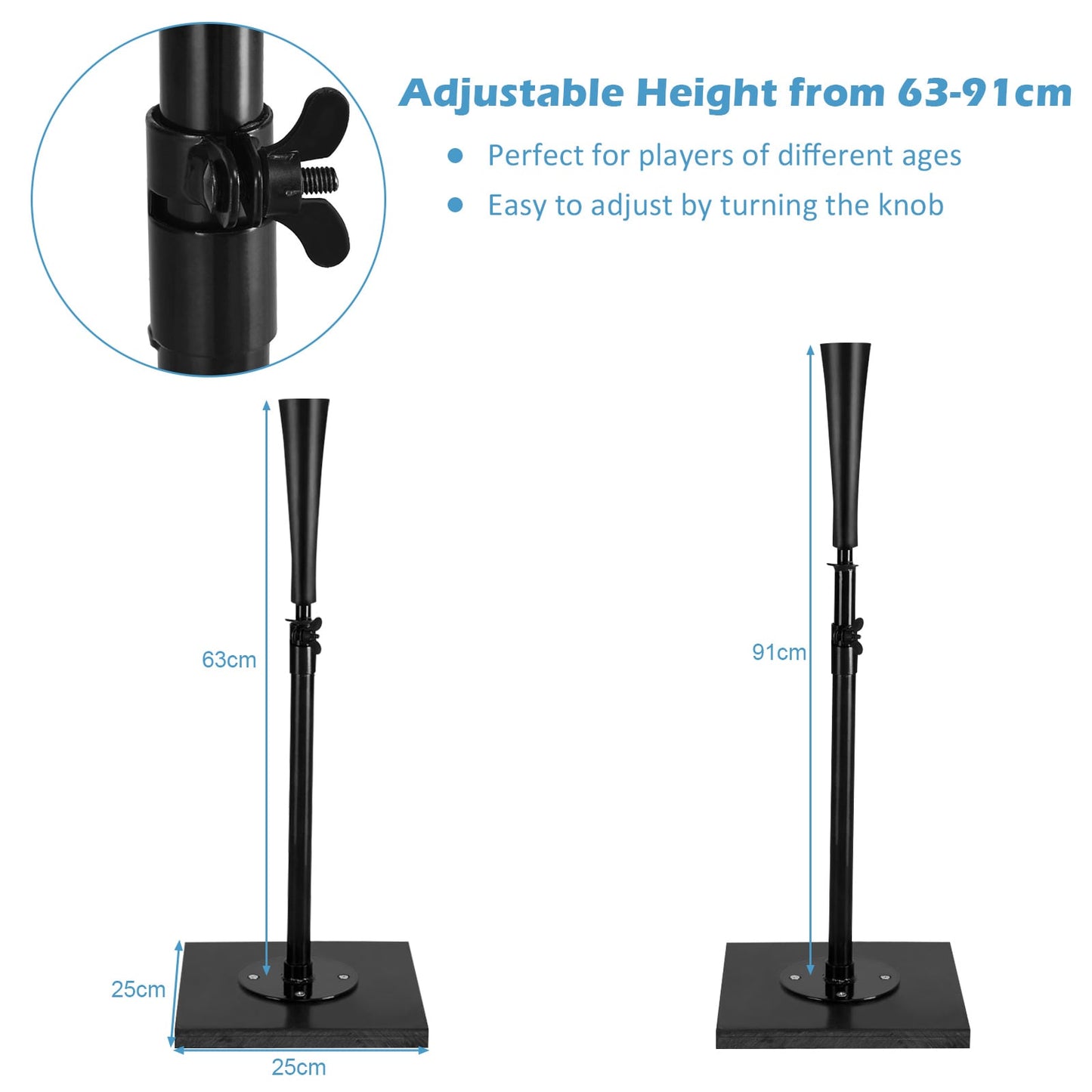 63-91CM Baseball Batting Tee with Stable Base and Rubber Topper