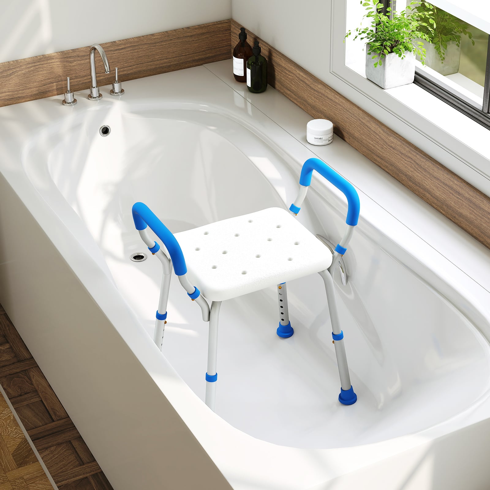 Bath Chair Shower Bench with Detachable Padded Arms-Blue