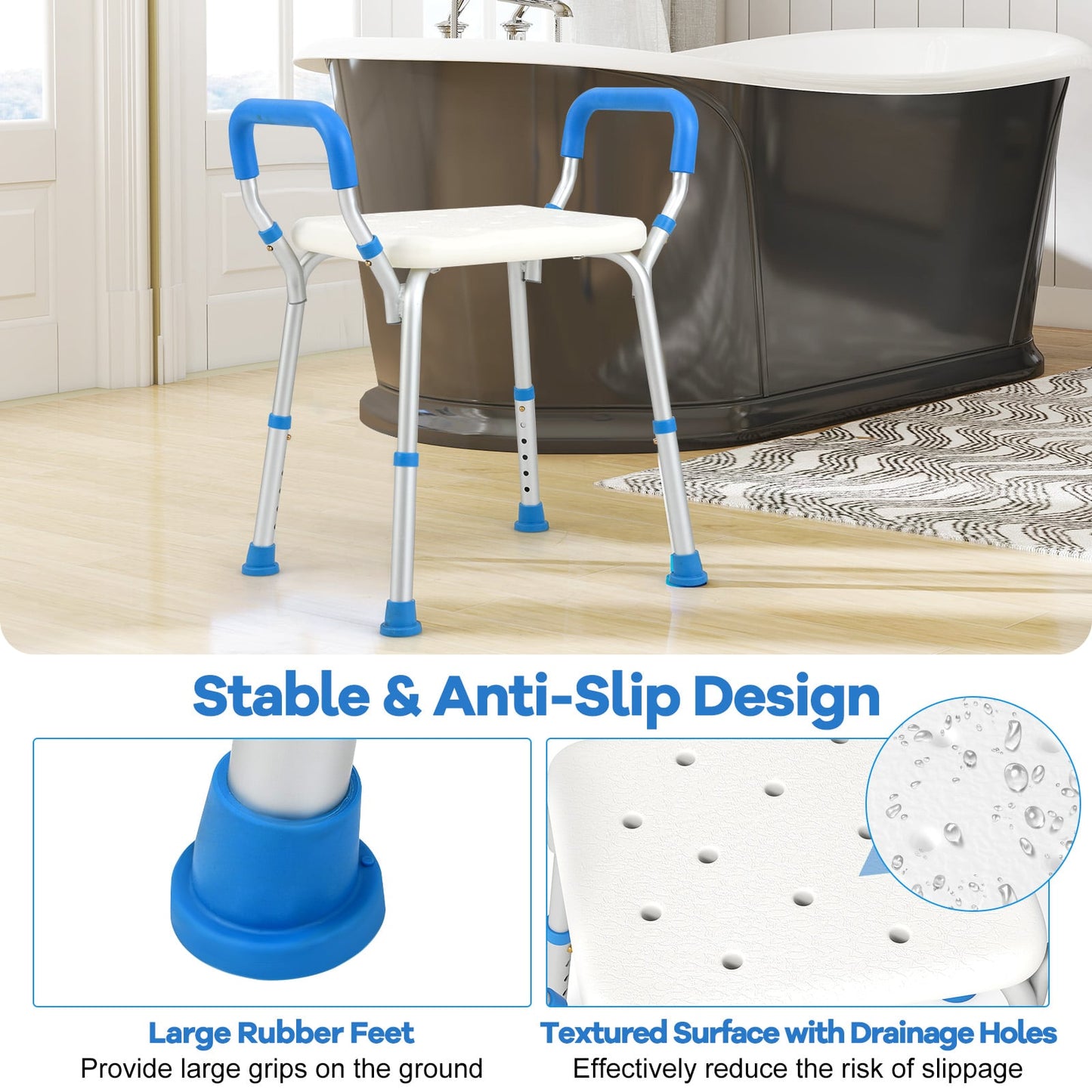Bath Chair Shower Bench with Detachable Padded Arms-Blue
