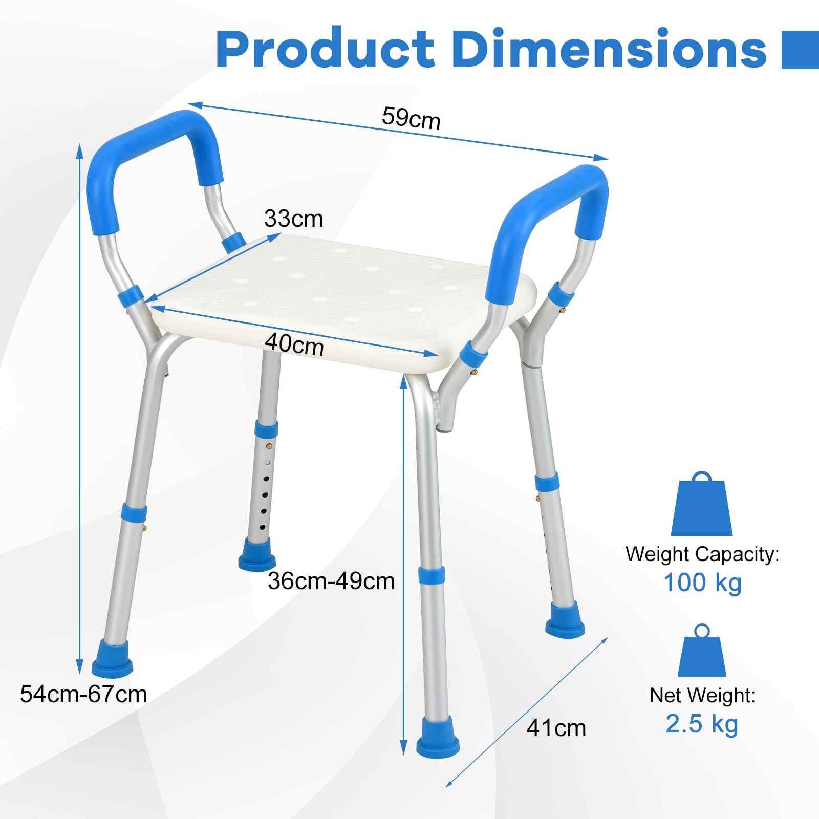 Bath Chair Shower Bench with Detachable Padded Arms-Blue