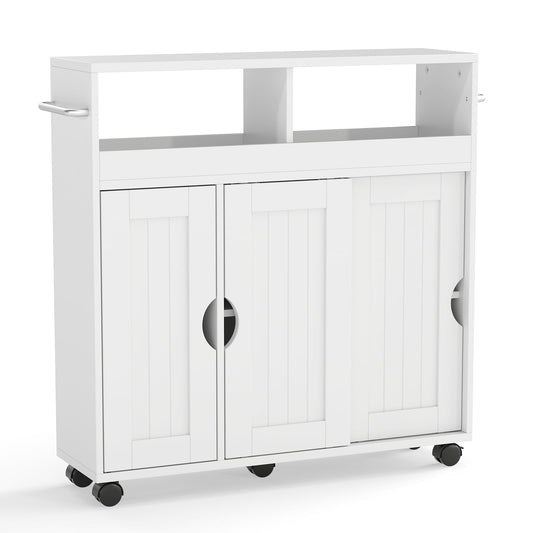 Bathroom Cabinet with Wheels Slim Side Storage Organizer with Adjustable Shelf and Towel Racks-White