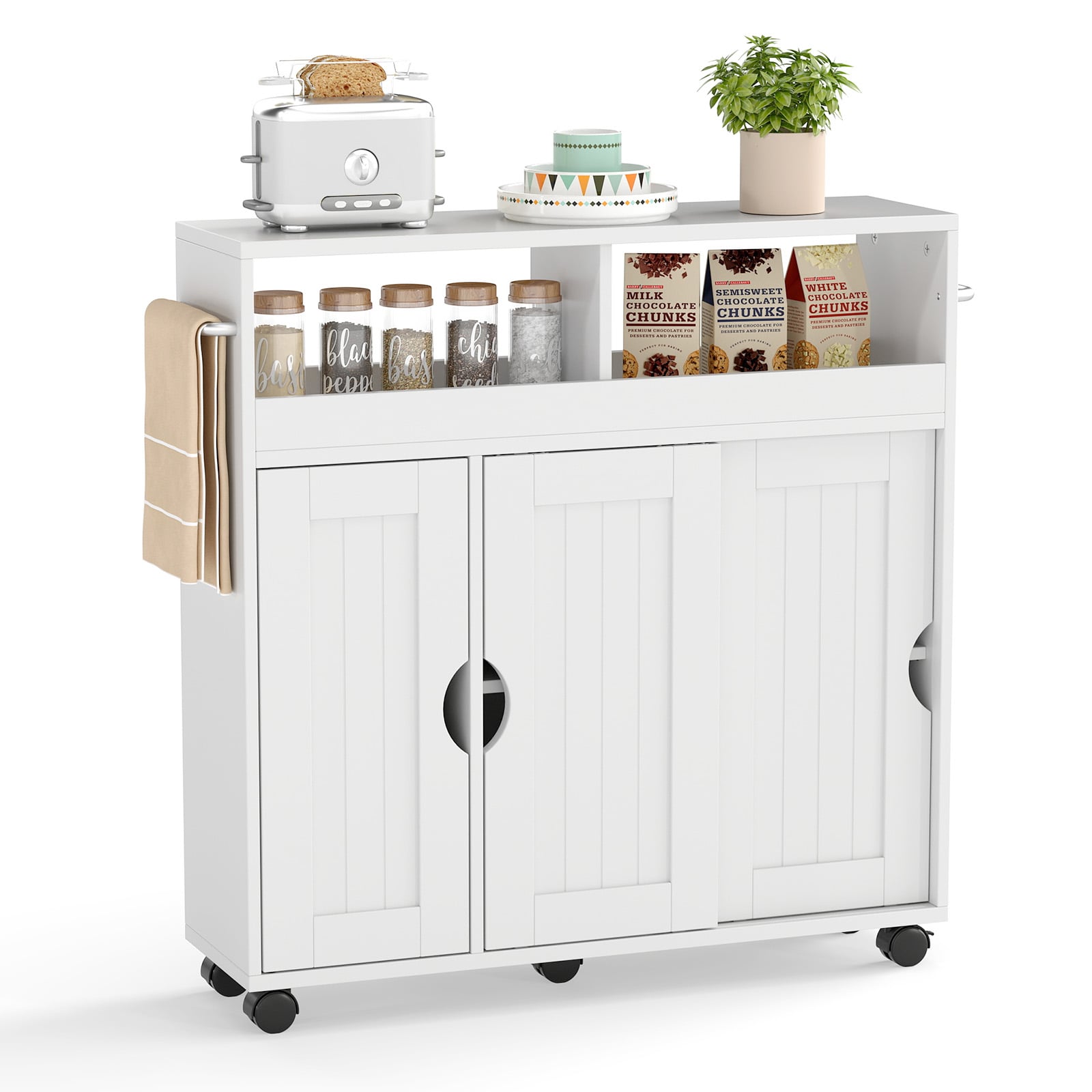 Bathroom Cabinet with Wheels Slim Side Storage Organizer with Adjustable Shelf and Towel Racks-White