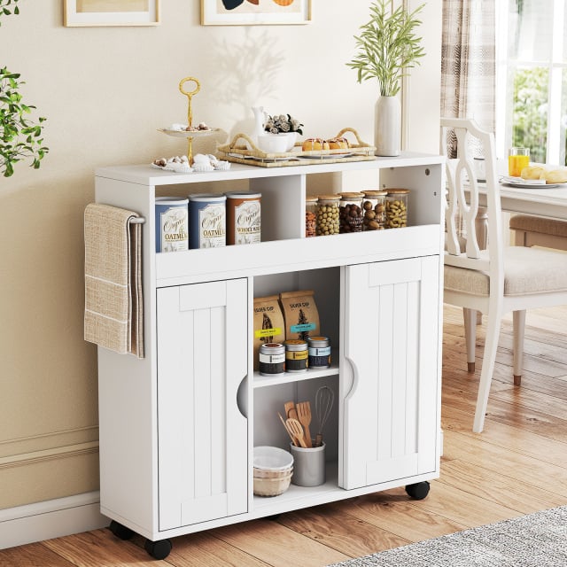 Bathroom Cabinet with Wheels Slim Side Storage Organizer with Adjustable Shelf and Towel Racks-White