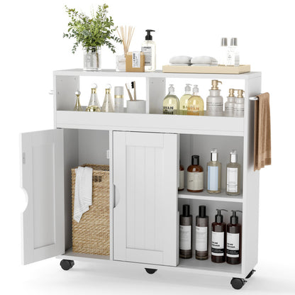 Bathroom Cabinet with Wheels Slim Side Storage Organizer with Adjustable Shelf and Towel Racks-White