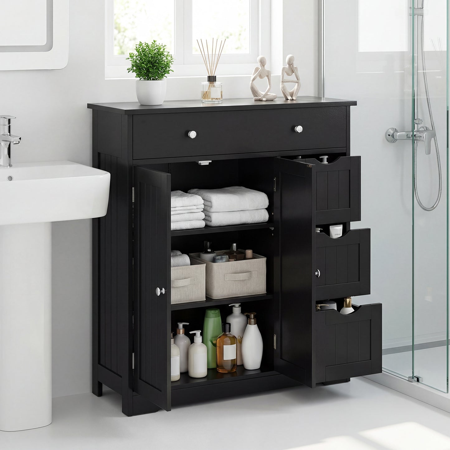 Bathroom Floor Cabinet and Large Storage Cabinet with 4 Drawers 2 Doors and Adjustable Shelf for Living Room-Black