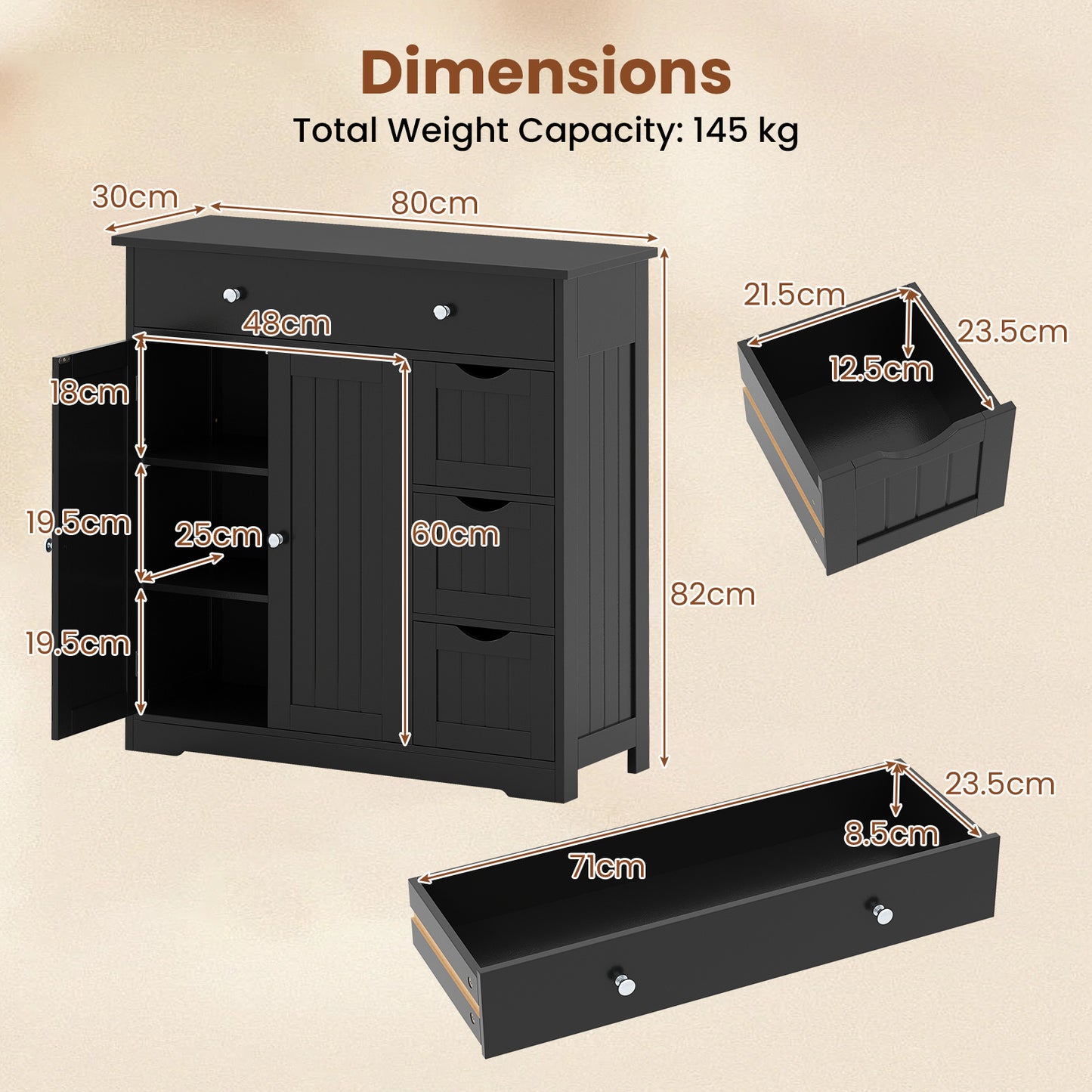 Bathroom Floor Cabinet and Large Storage Cabinet with 4 Drawers 2 Doors and Adjustable Shelf for Living Room-Black