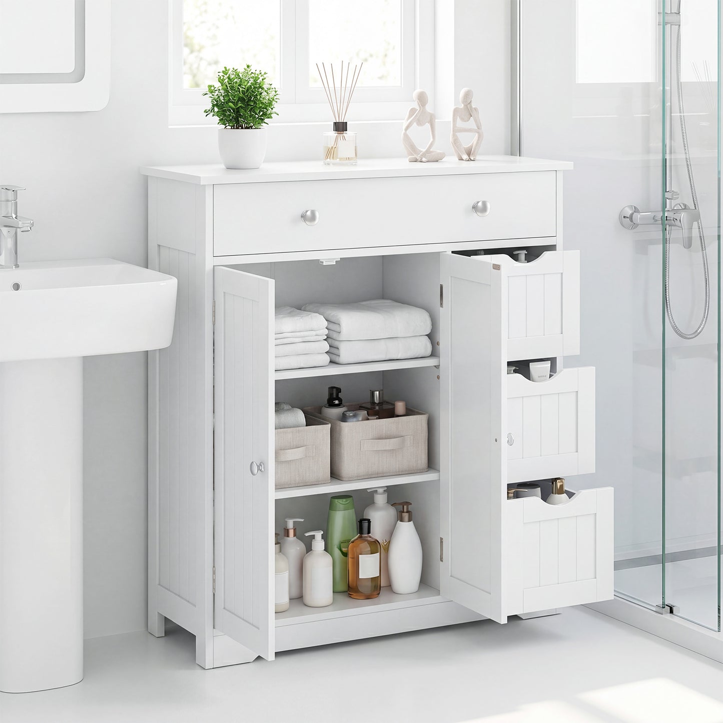 Bathroom Floor Cabinet and Large Storage Cabinet with 4 Drawers 2 Doors and Adjustable Shelf for Living Room-White