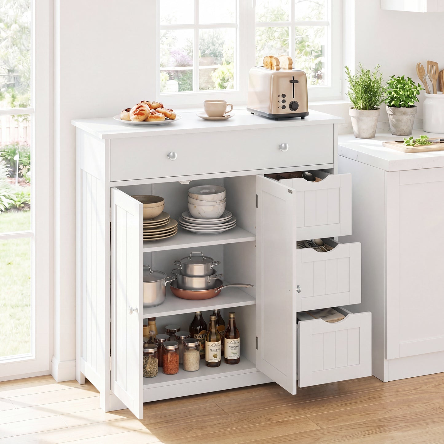 Bathroom Floor Cabinet and Large Storage Cabinet with 4 Drawers 2 Doors and Adjustable Shelf for Living Room-White