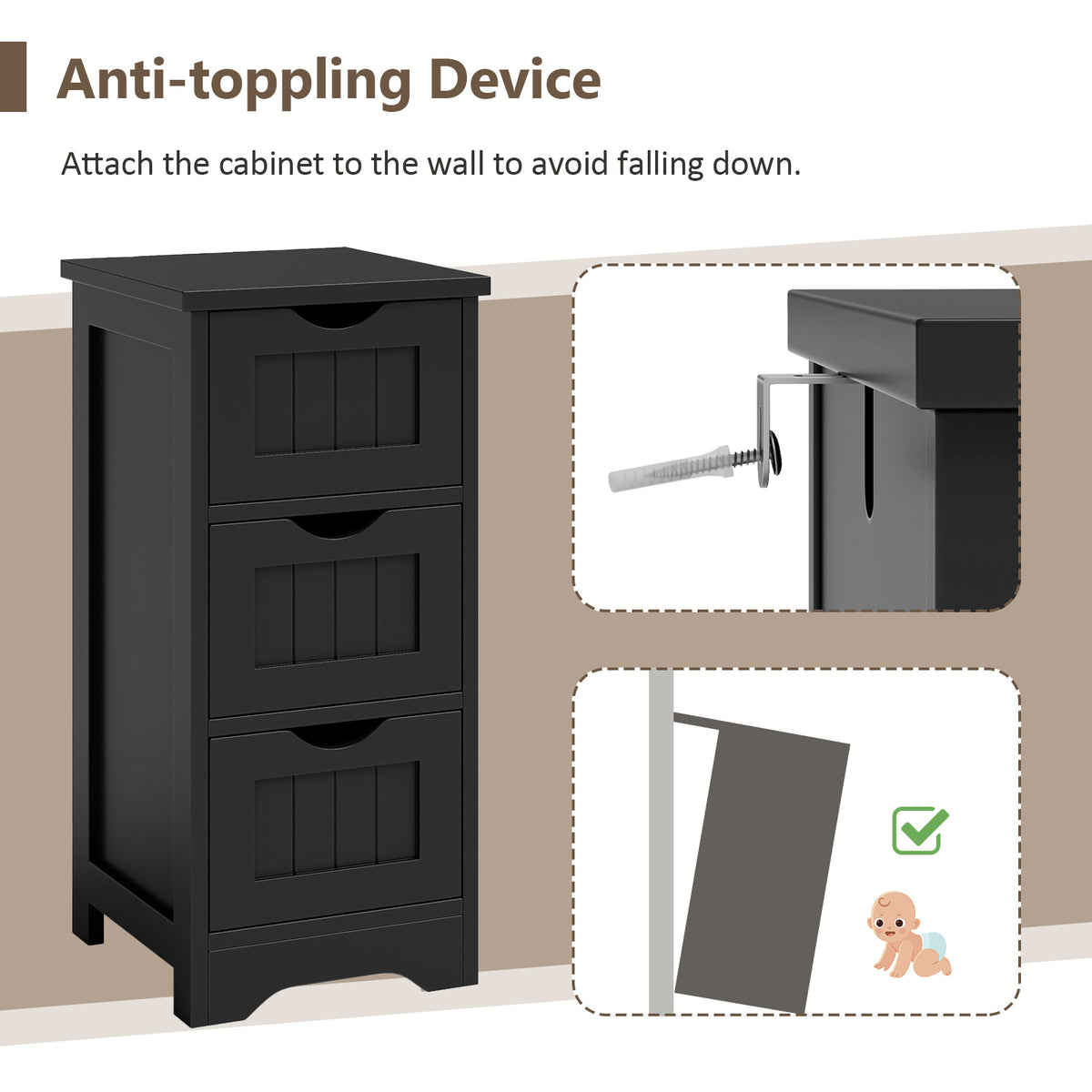 Bathroom Floor Cabinet with 3 Drawers and Cut-Off Handle-Black