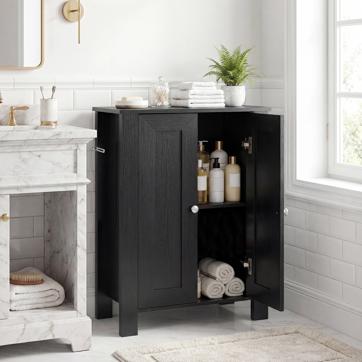 Bathroom Floor Cabinet with Double Doors Freestanding Wooden Storage-Black