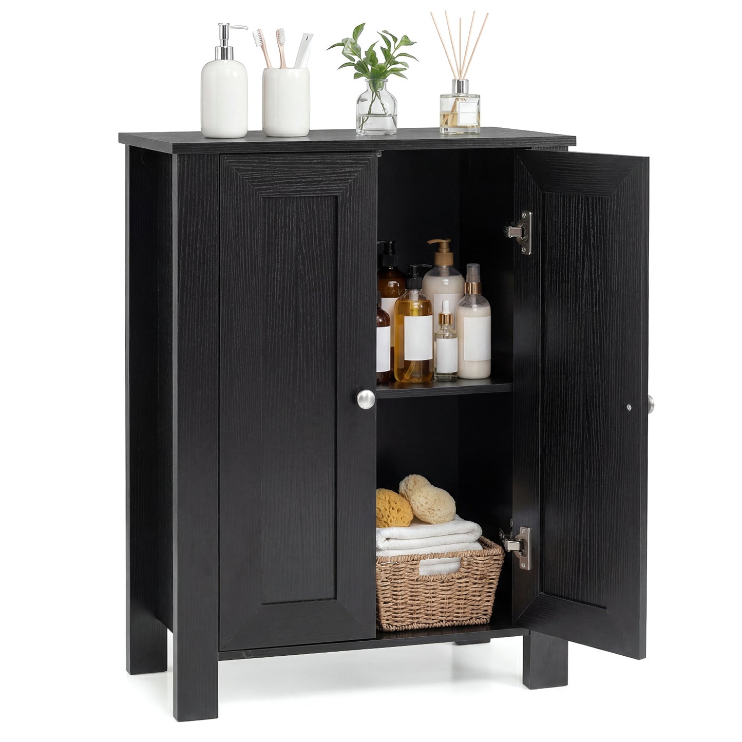 Bathroom Floor Cabinet with Double Doors Freestanding Wooden Storage-Black