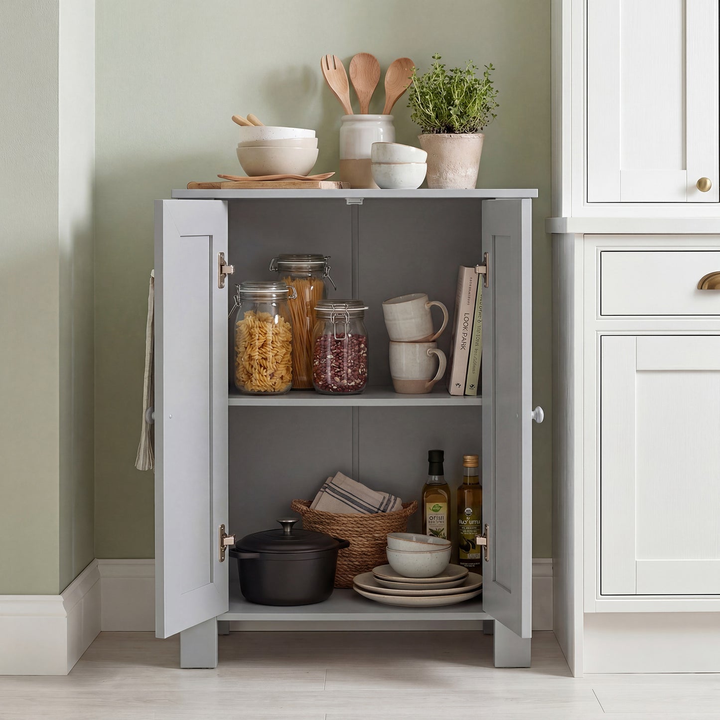 Bathroom Floor Cabinet with Double Doors Freestanding Wooden Storage-Grey