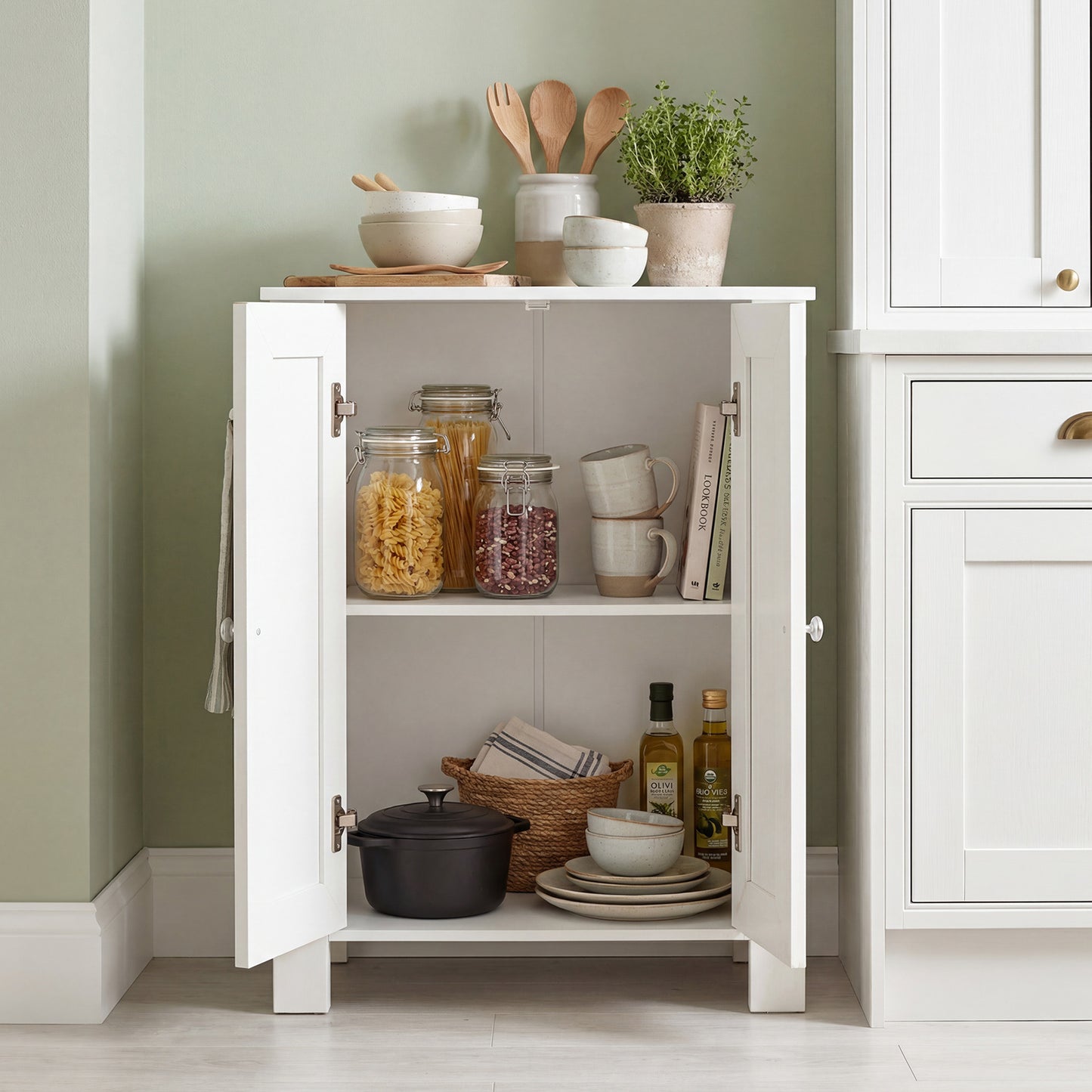 Bathroom Floor Cabinet with Double Doors Freestanding Wooden Storage-White