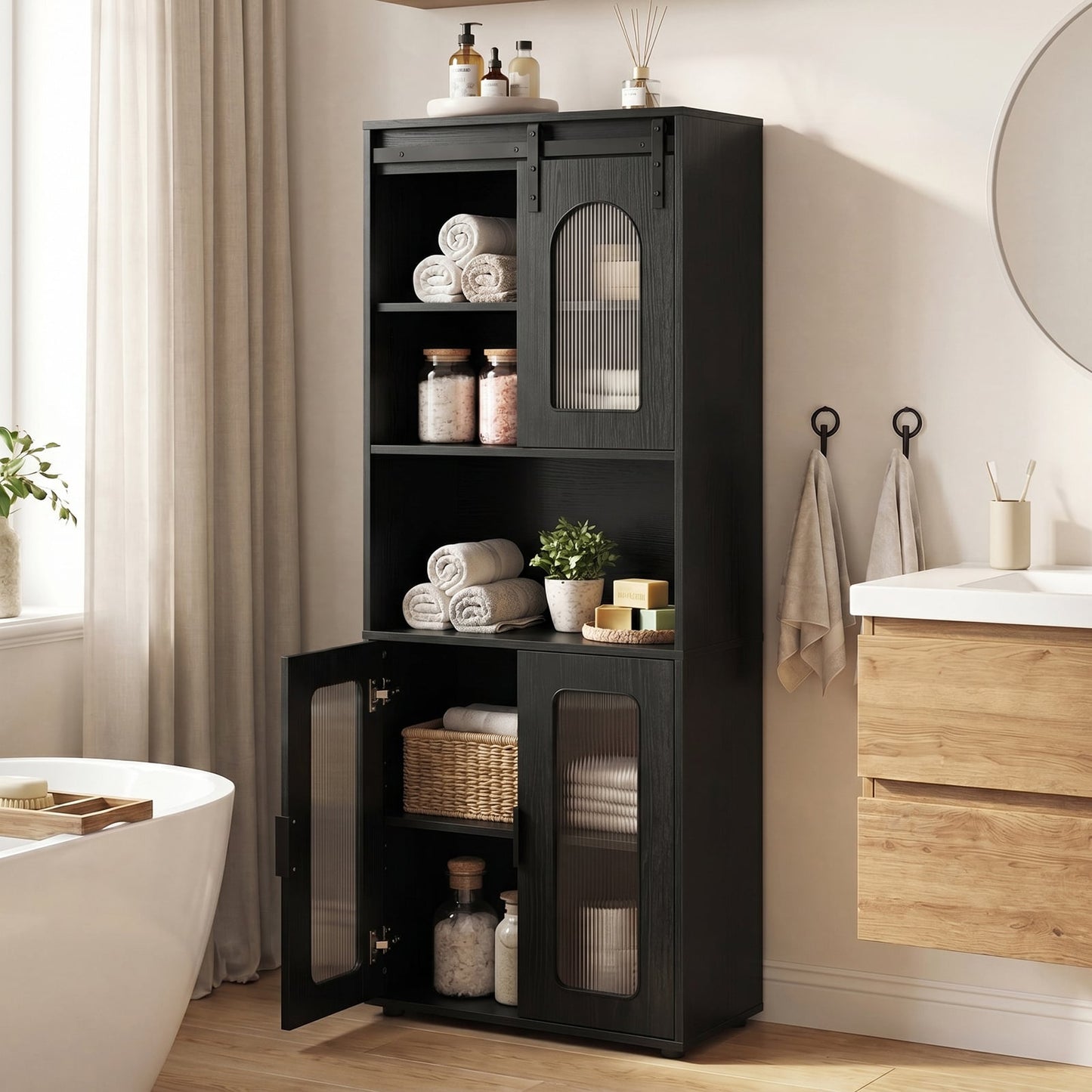 Bathroom Floor Cabinet with Shelves and Sliding Barn Door-Black
