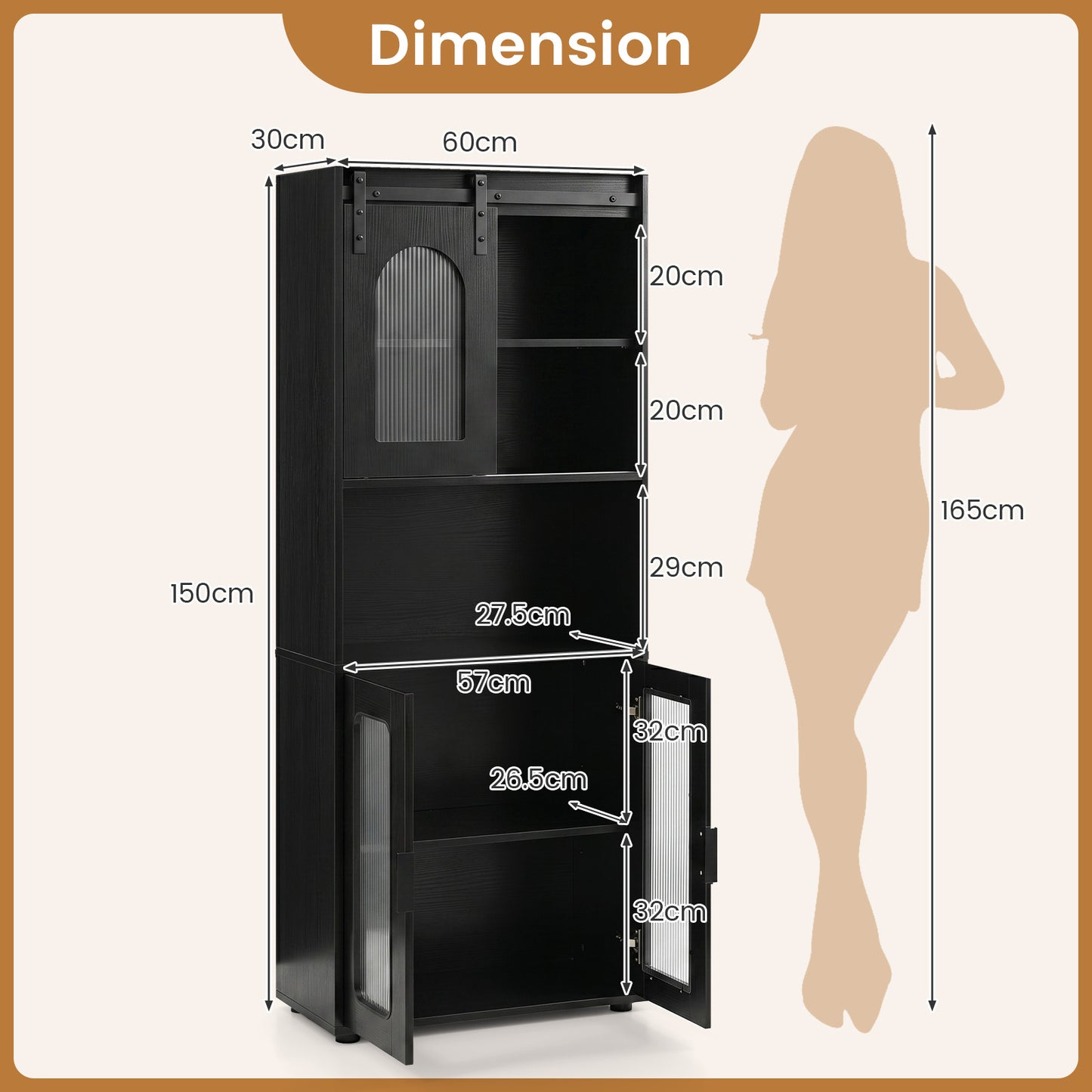 Bathroom Floor Cabinet with Shelves and Sliding Barn Door-Black