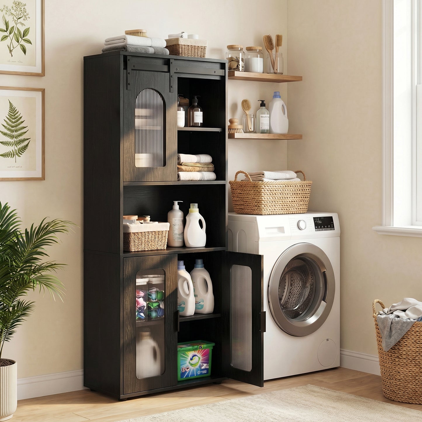 Bathroom Floor Cabinet with Shelves and Sliding Barn Door-Black