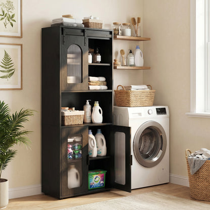 Bathroom Floor Cabinet with Shelves and Sliding Barn Door-Black