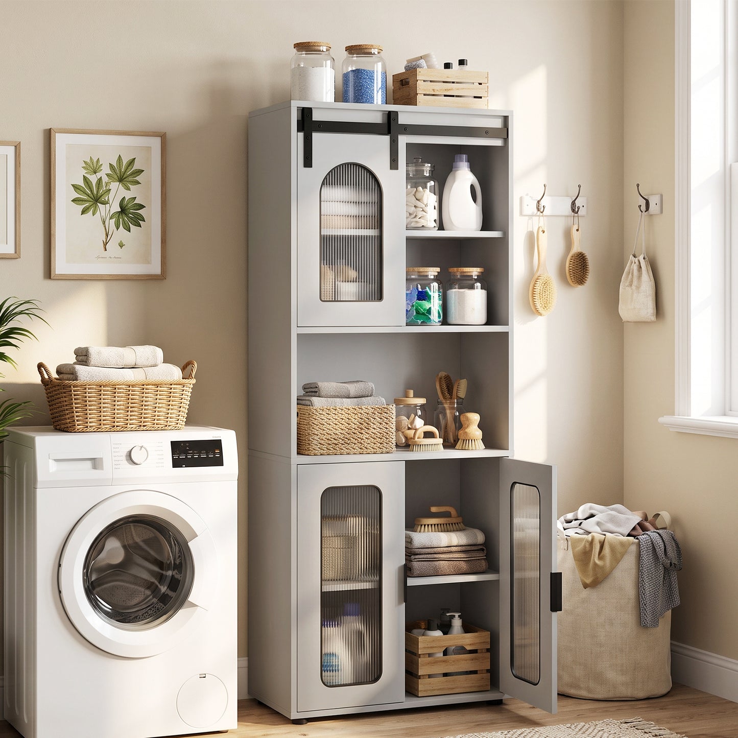 Bathroom Floor Cabinet with Shelves and Sliding Barn Door-Grey