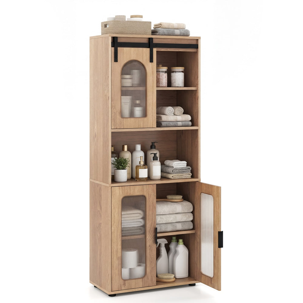 Bathroom Floor Cabinet with Shelves and Sliding Barn Door-Natural