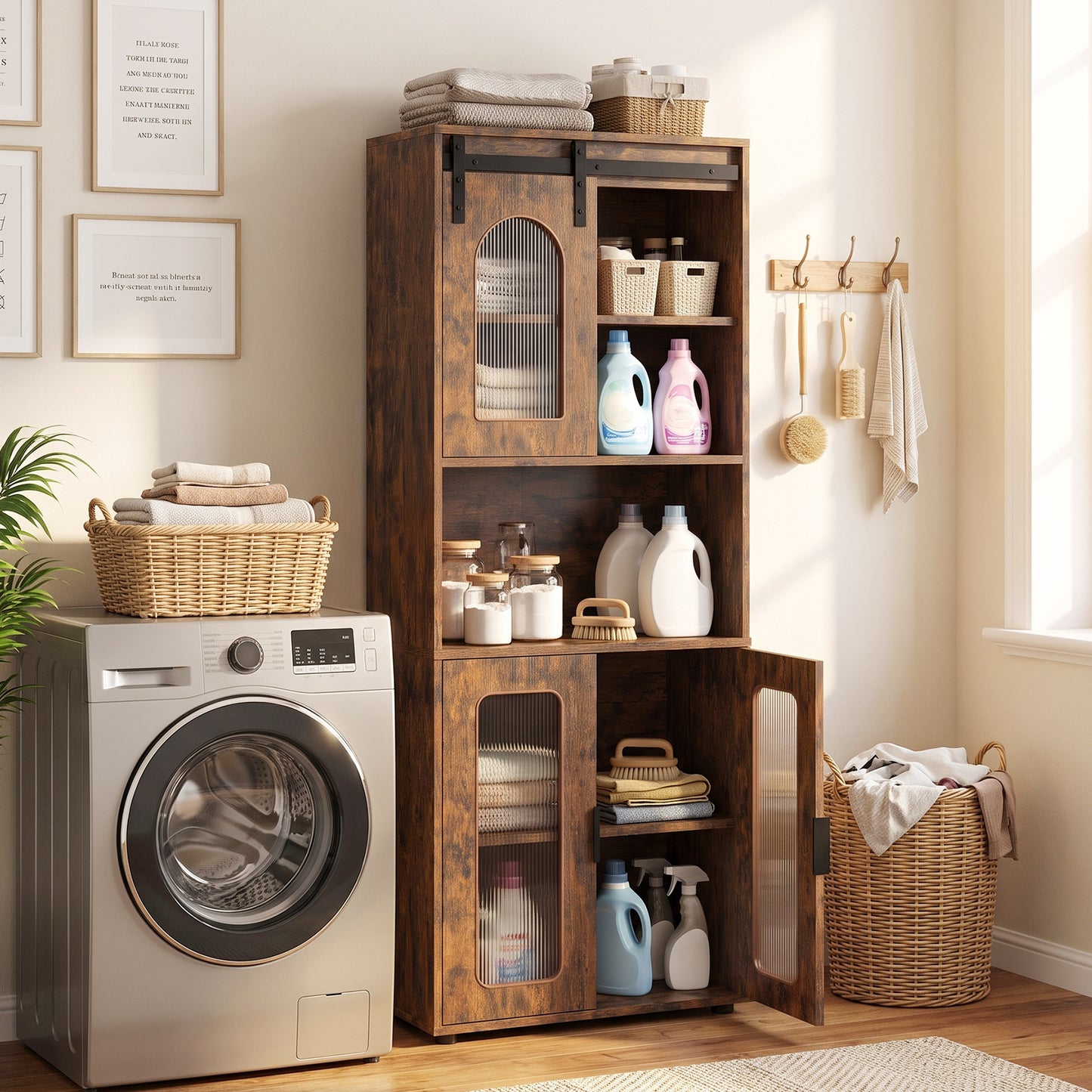 Bathroom Floor Cabinet with Shelves and Sliding Barn Door-Rustic Brown