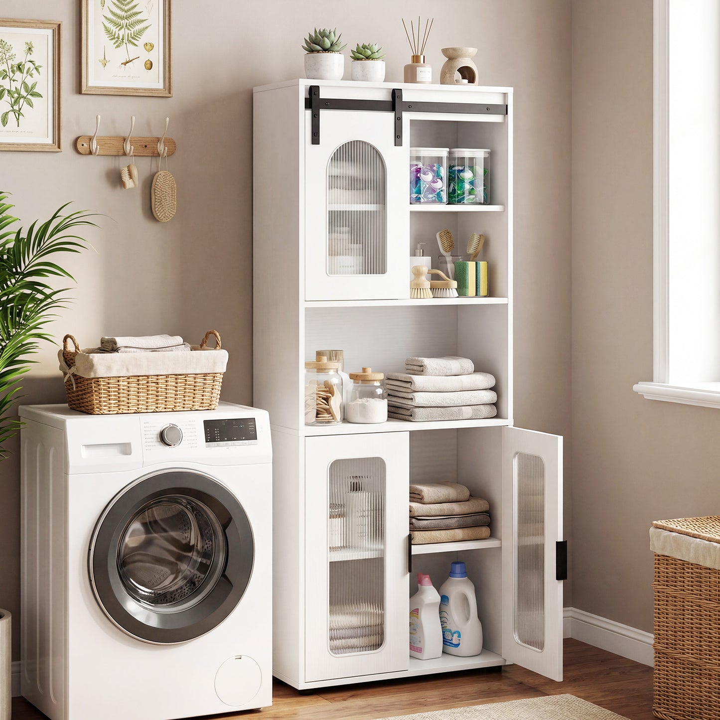 Bathroom Floor Cabinet with Shelves and Sliding Barn Door-White