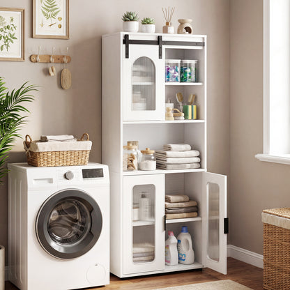 Bathroom Floor Cabinet with Shelves and Sliding Barn Door-White