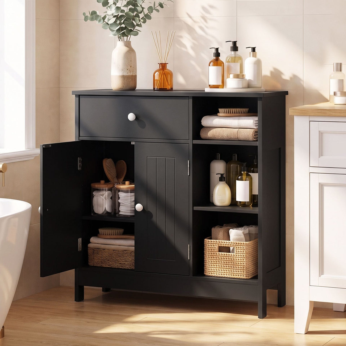 Bathroom Floor Storage Cabinet with Doors Drawer and Adjustable Shelves-Black