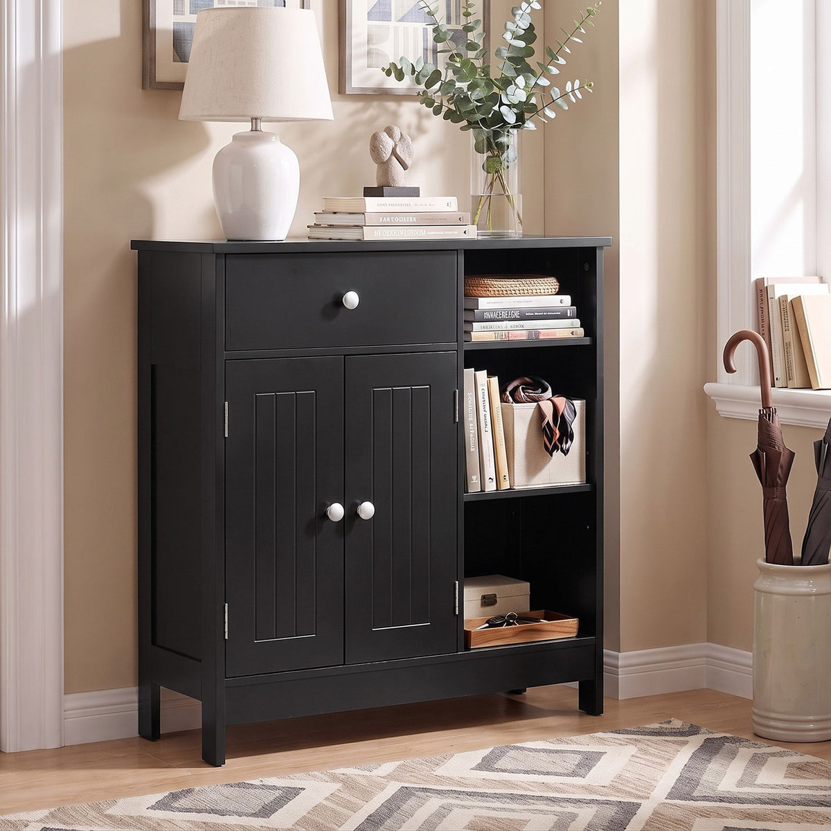 Bathroom Floor Storage Cabinet with Doors Drawer and Adjustable Shelves-Black