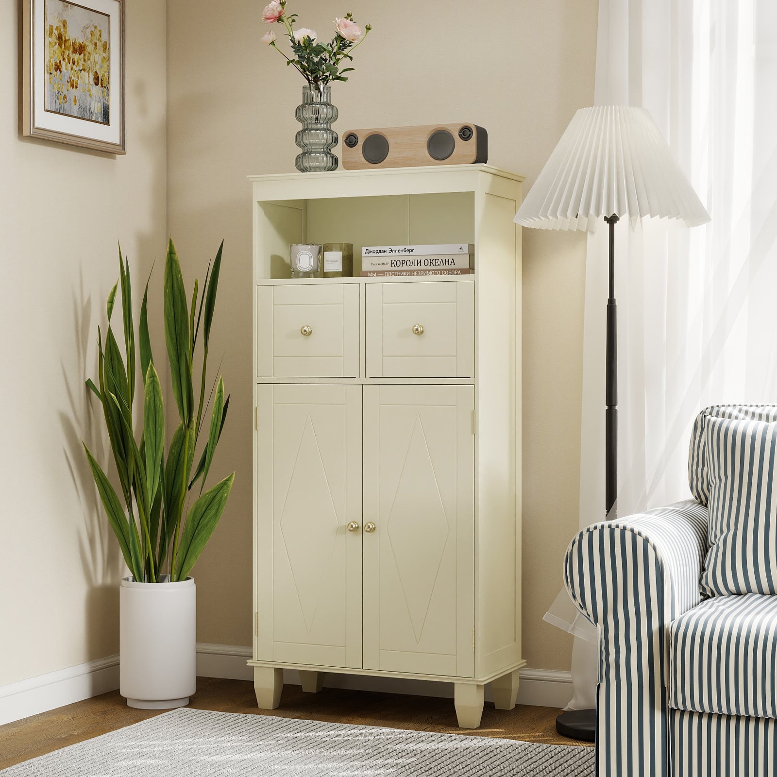 Bathroom Floor Storage Cabinet with Doors and Shelves-Beige