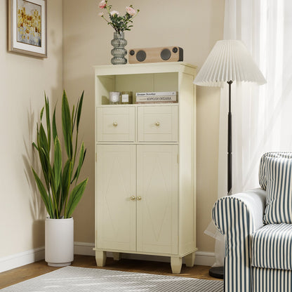 Bathroom Floor Storage Cabinet with Doors and Shelves-Beige