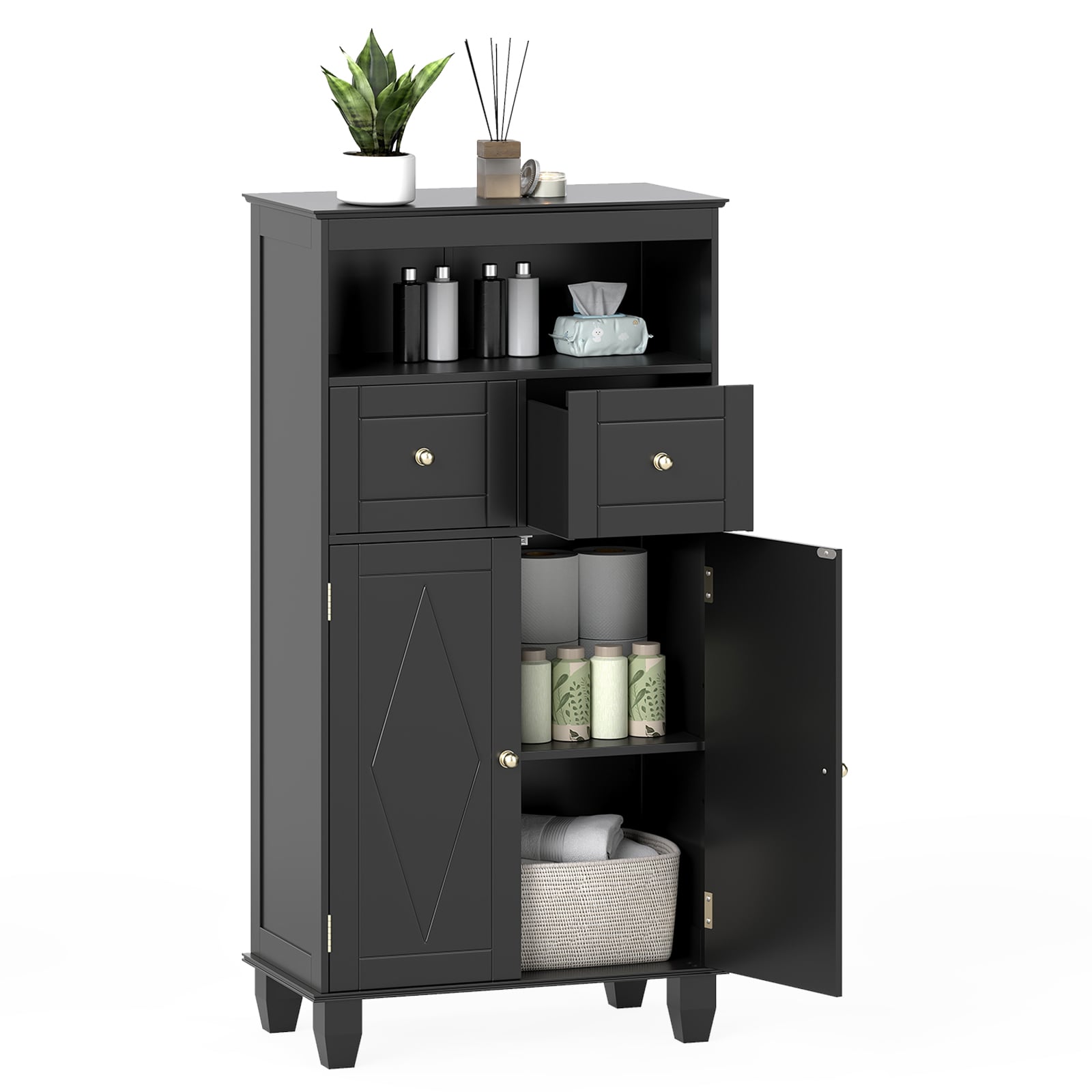 Bathroom Floor Storage Cabinet with Doors and Shelves-Black