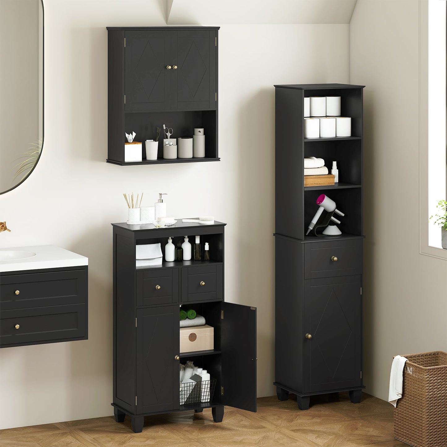 Bathroom Floor Storage Cabinet with Doors and Shelves-Black