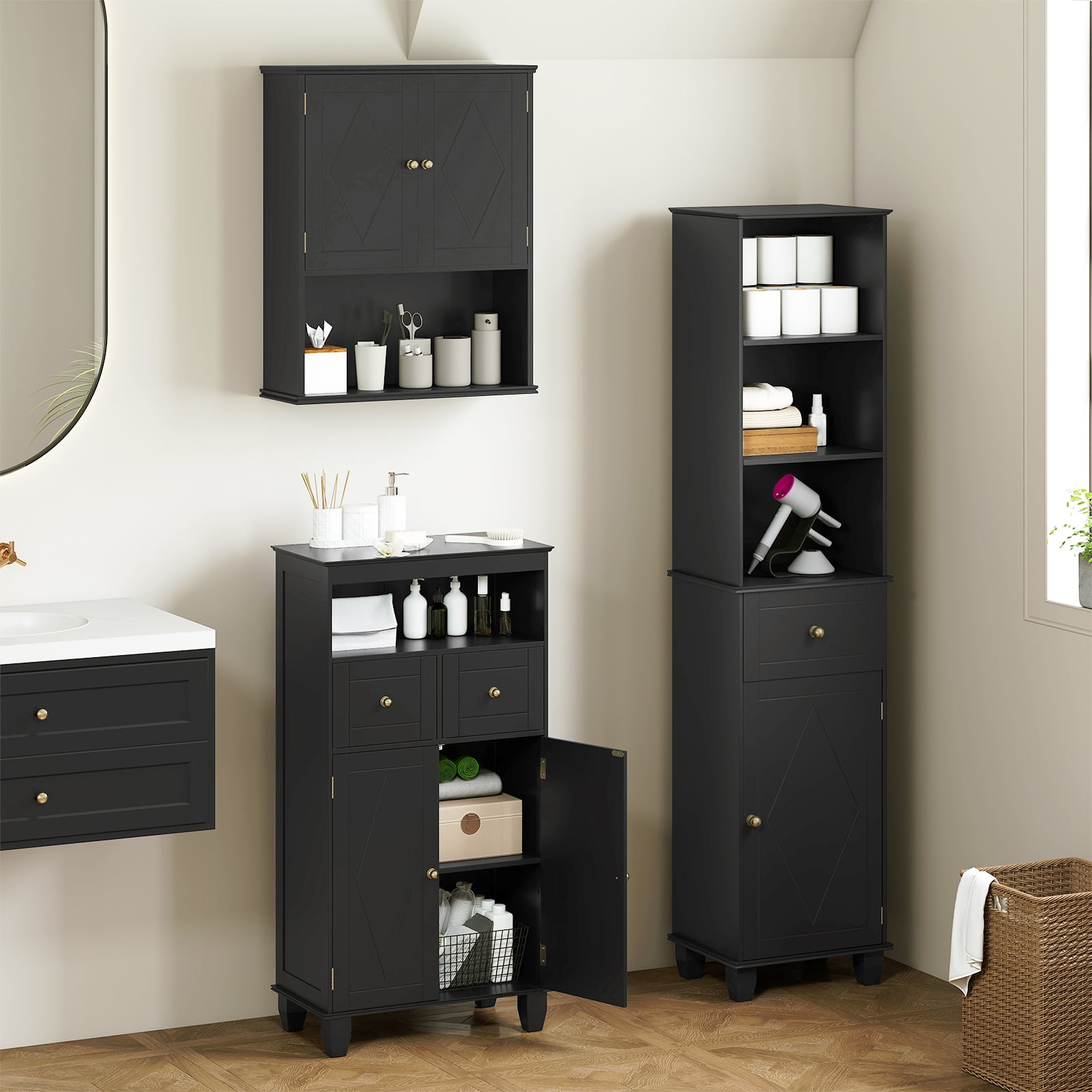 Bathroom Floor Storage Cabinet with Doors and Shelves-Black