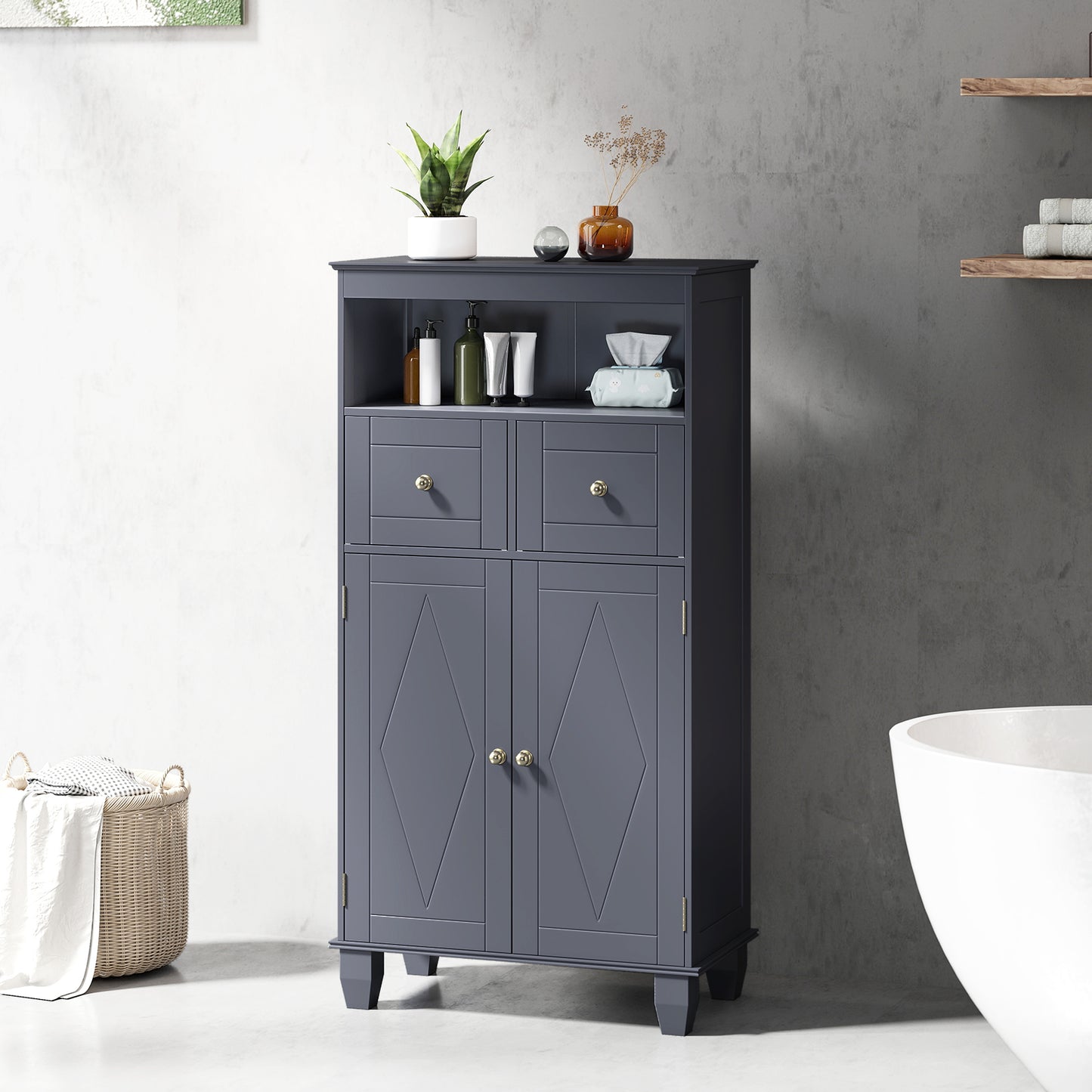 Bathroom Floor Storage Cabinet with Doors and Shelves-Gray