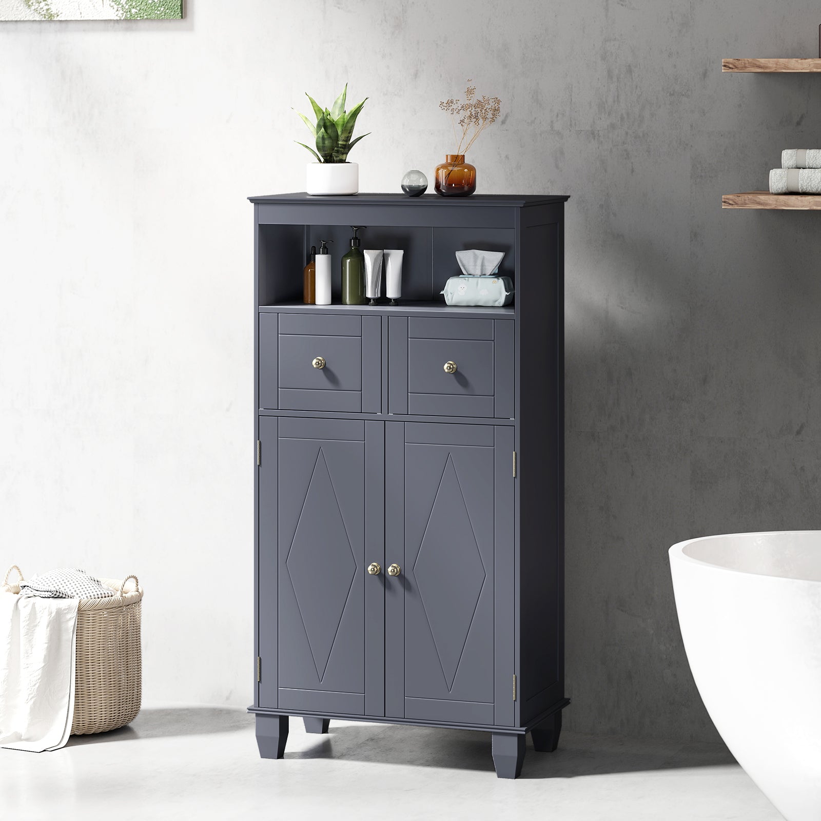 Bathroom Floor Storage Cabinet with Doors and Shelves-Gray