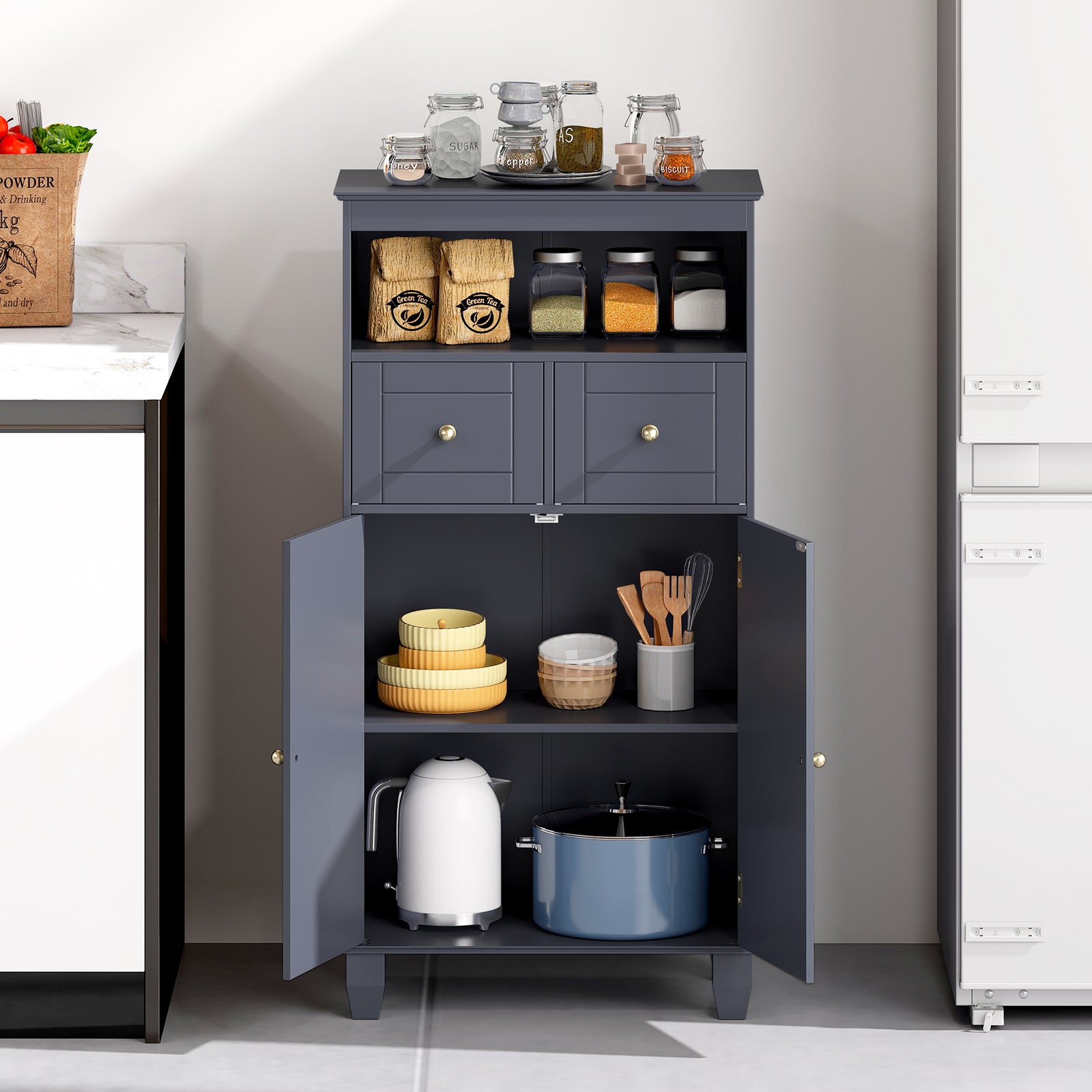 Bathroom Floor Storage Cabinet with Doors and Shelves-Gray