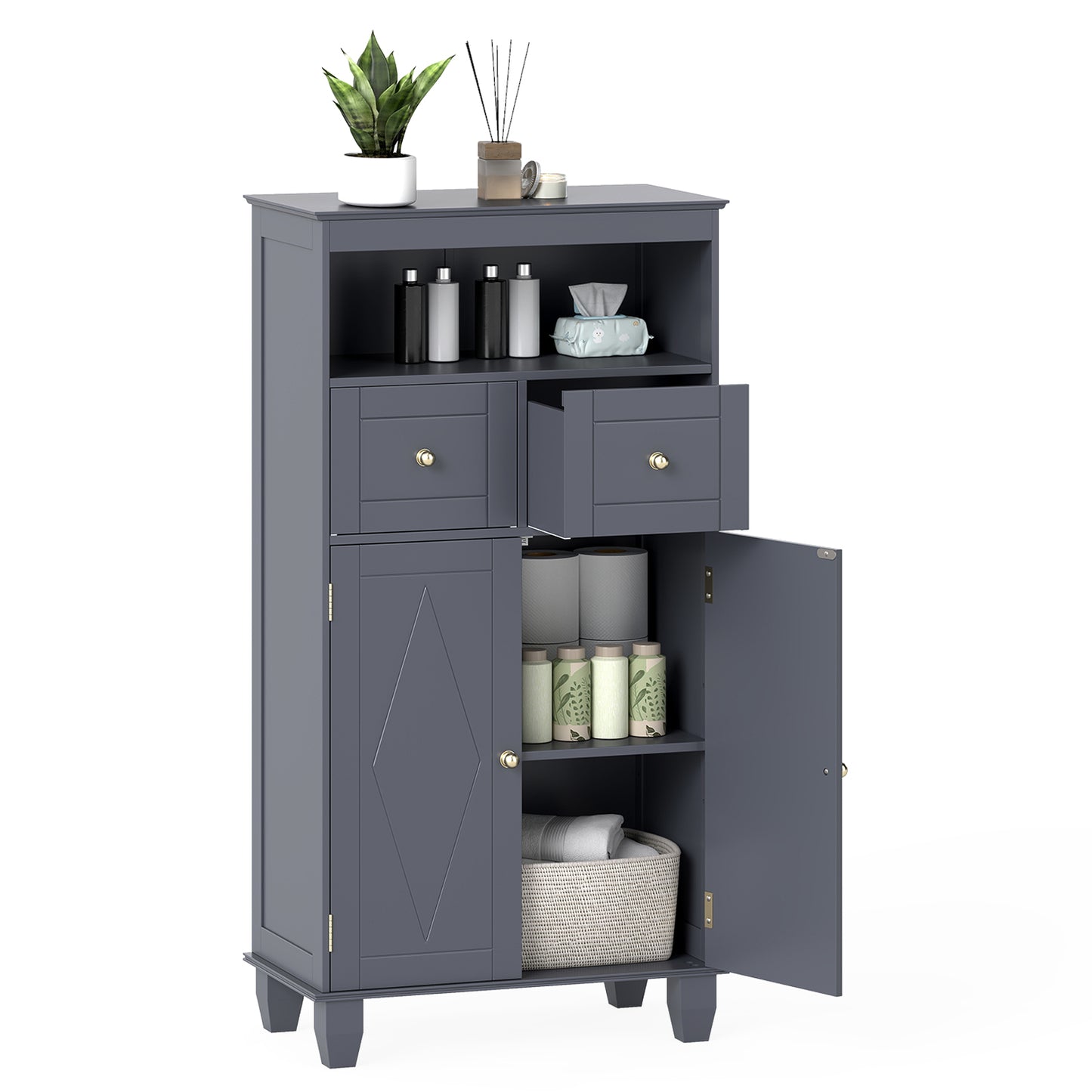 Bathroom Floor Storage Cabinet with Doors and Shelves-Gray