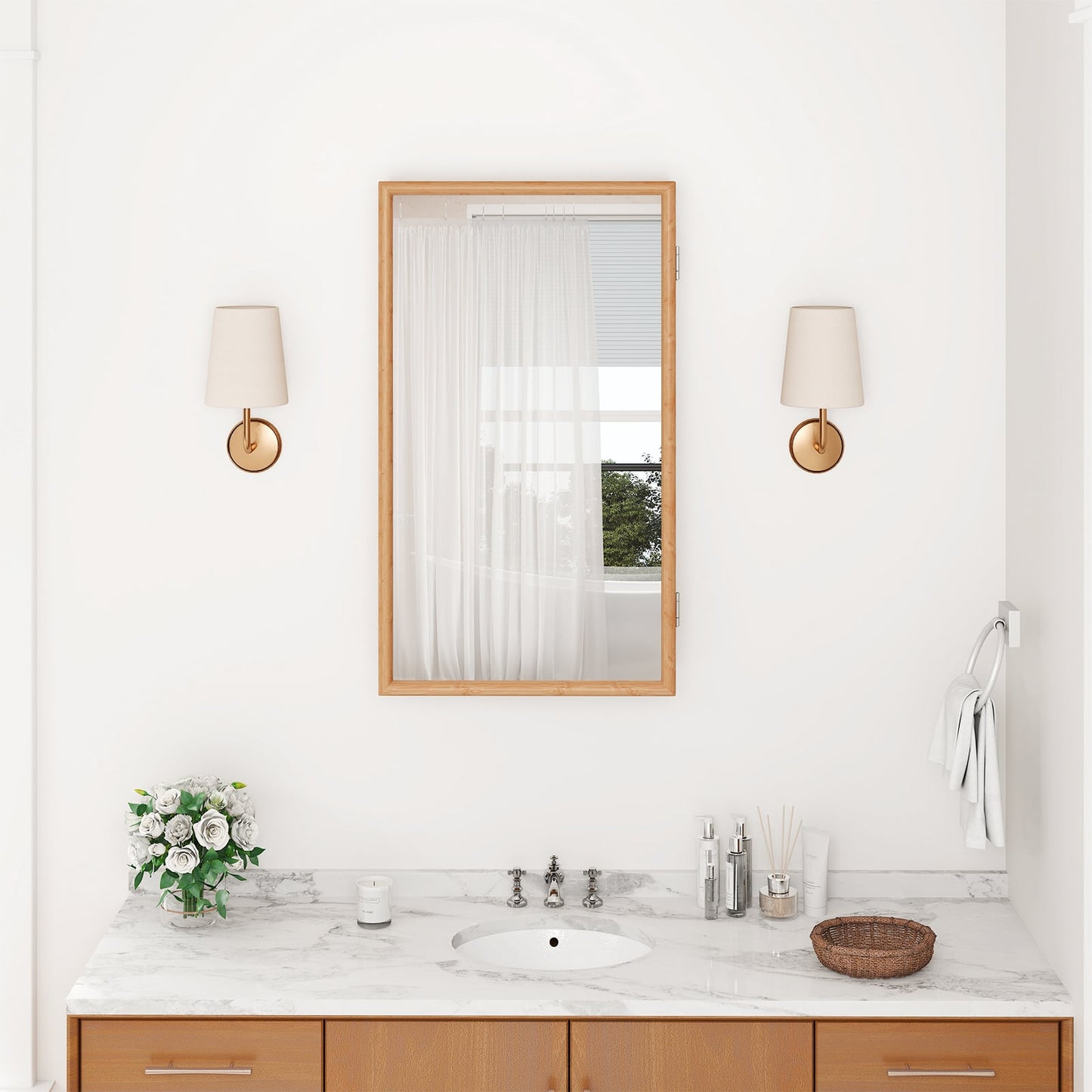 Bathroom Wall Cabinet Bamboo Medicine Cabinet with Mirror-Natural