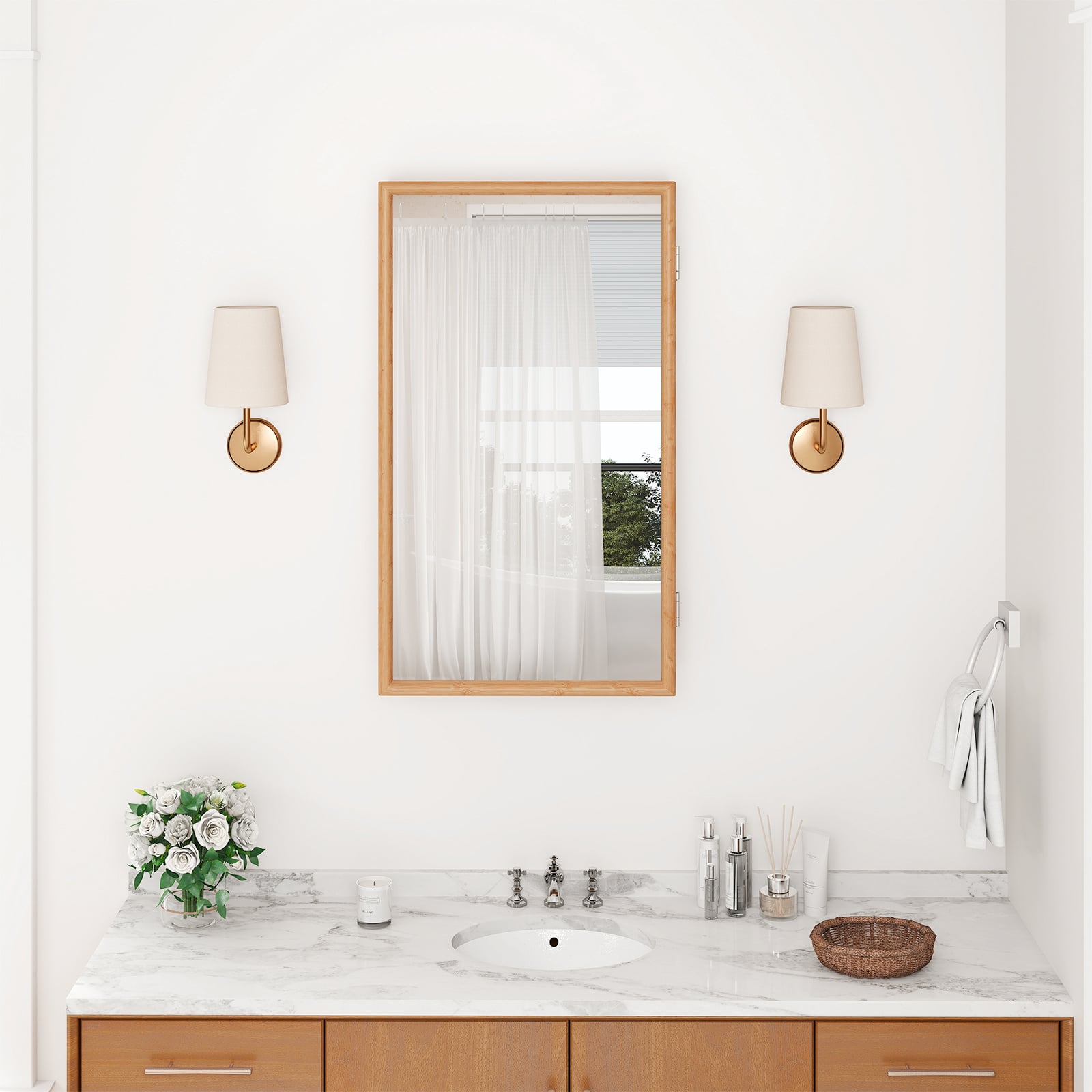 Bathroom Wall Cabinet Bamboo Medicine Cabinet with Mirror-Natural