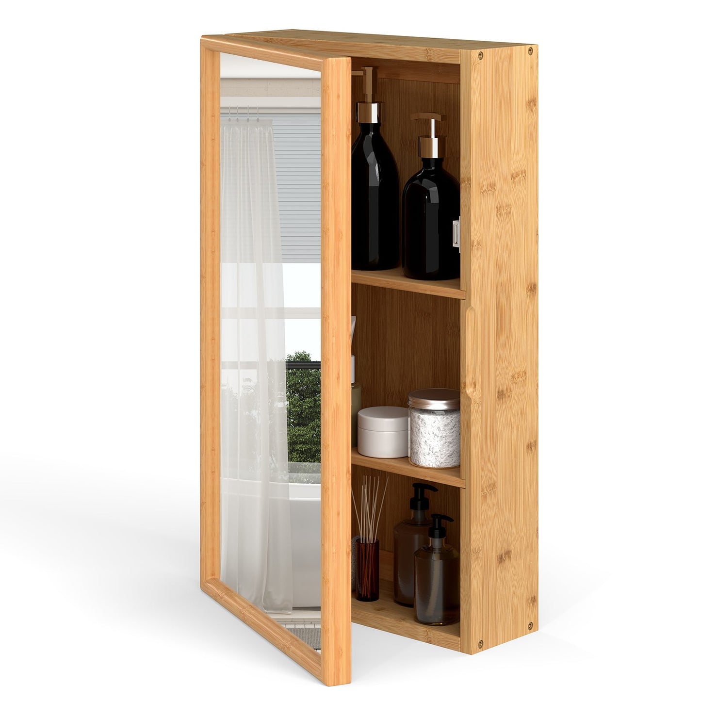 Bathroom Wall Cabinet Bamboo Medicine Cabinet with Mirror-Natural