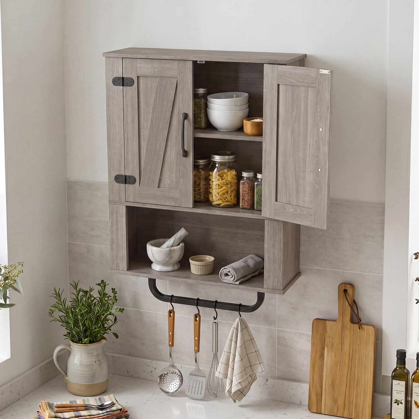 Bathroom Wall Cabinet Farmhouse Wall Mounted Organizer with 2 Barn Doors-Grey