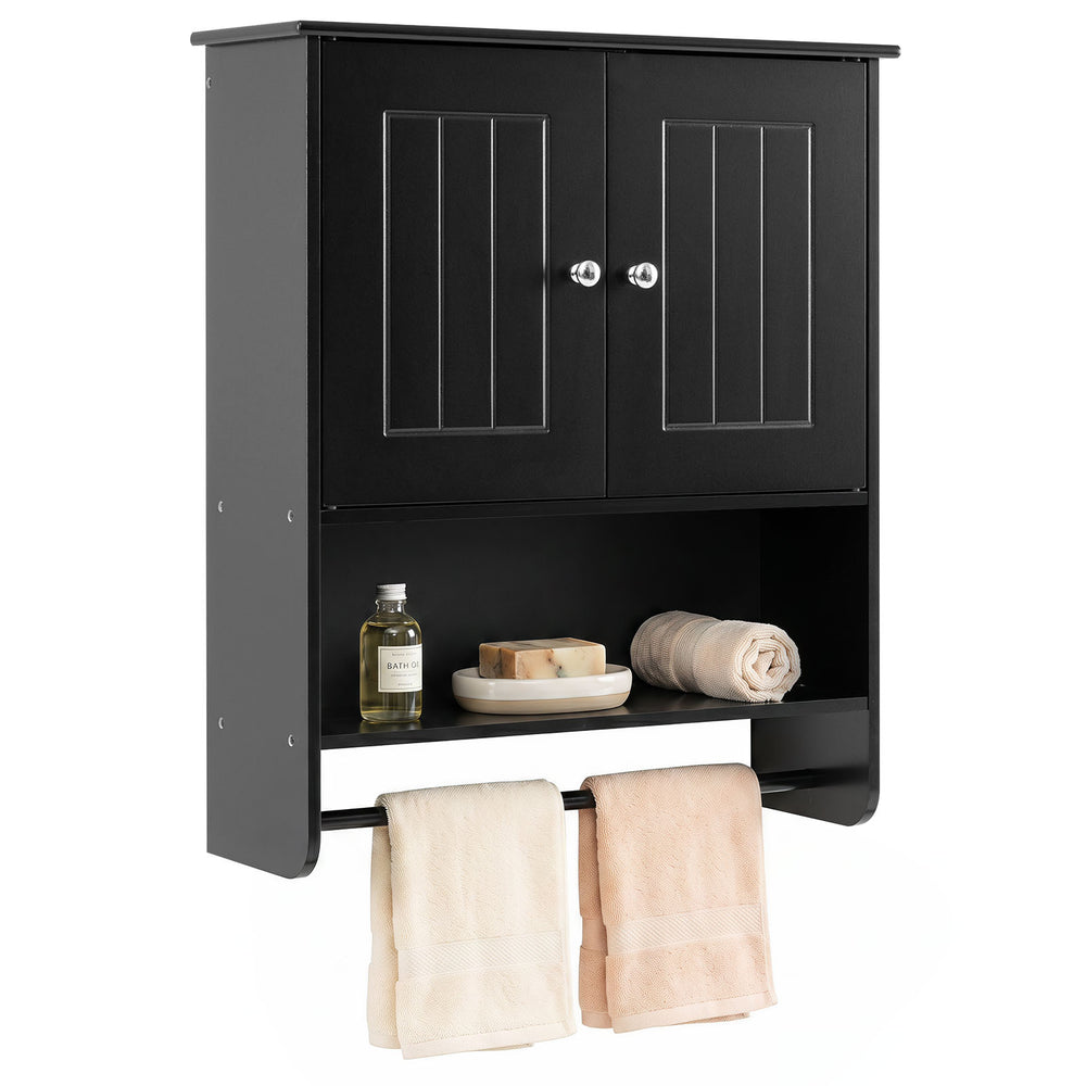 Bathroom Wall Cabinet with 2 Doors Open Shelf and Towel Bar-Black