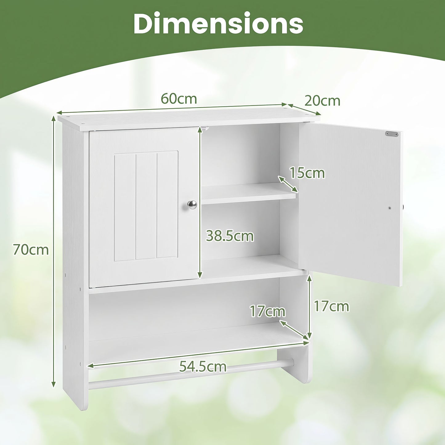 Bathroom Wall Cabinet with 2 Doors Open Shelf and Towel Bar-White