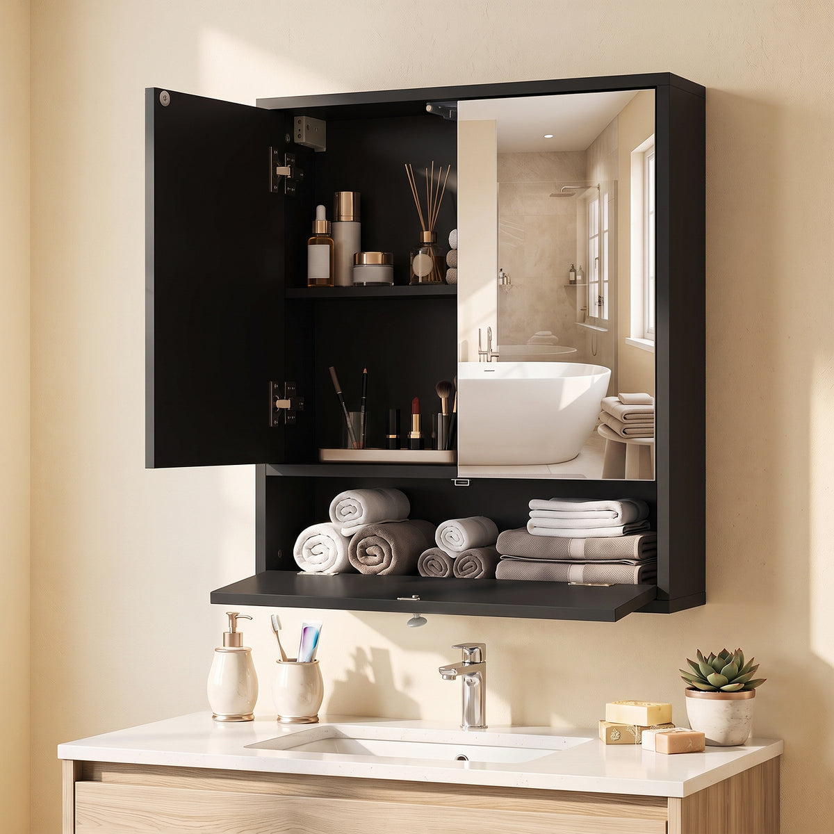 Bathroom Wall Cabinet with 2 Mirrored Doors & Flip-Down Door for Storage-Black