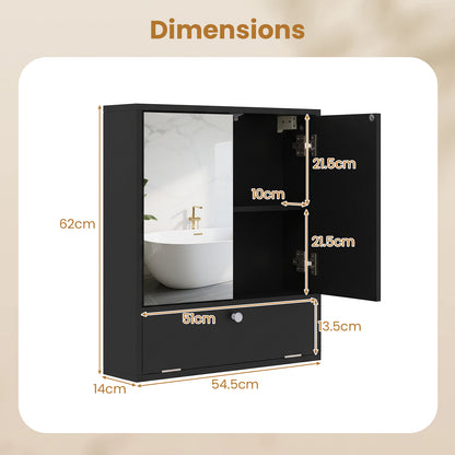 Bathroom Wall Cabinet with 2 Mirrored Doors & Flip-Down Door for Storage-Black