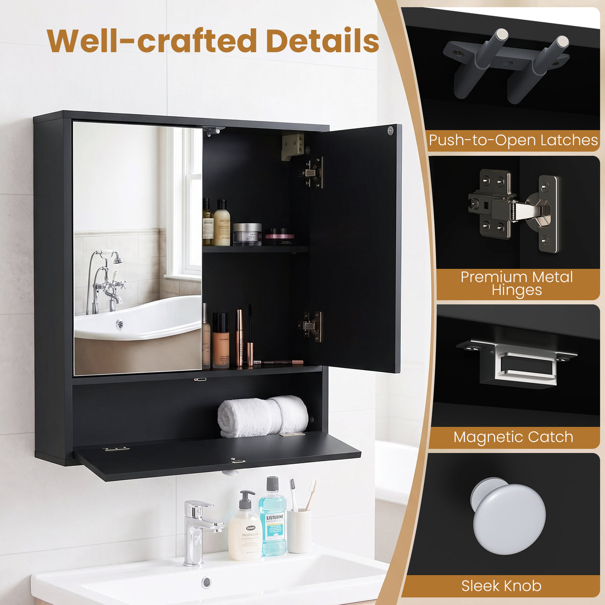 Bathroom Wall Cabinet with 2 Mirrored Doors & Flip-Down Door for Storage-Black