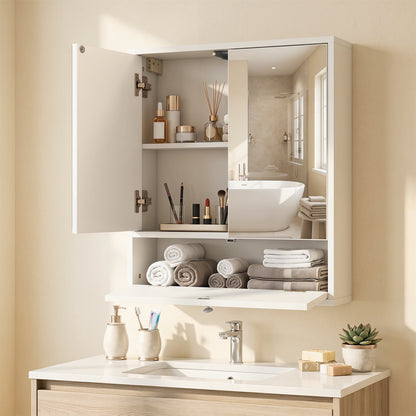 Bathroom Wall Cabinet with 2 Mirrored Doors & Flip-Down Door for Storage-White